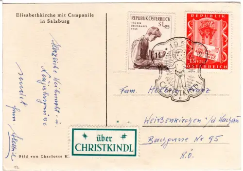 Österreich 1956, Christkindl-Stpl. auf Karte m. 2x1 S. u. label Über Christkindl