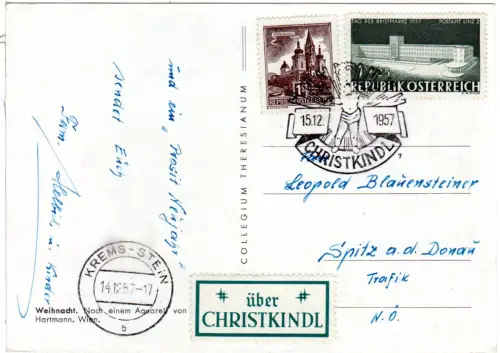 Österreich 1957, Christkindl-Stpl. auf Karte m. 2x1 S. u. label Über Christkindl