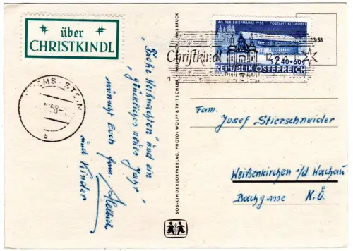 Österreich 1958, Christkindl, Karte m. 2,40 S. u. Etikett Über Christkindl.