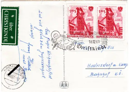 Österreich 1961, Christkindl, Karte m. 2x1,80 S. u. Etikett Über Christkindl.