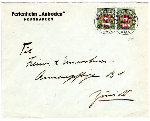 Schweiz 1925, 2x10 C. Portofreiheit (144) auf Brief v. Brunnadern (St. Gall.)