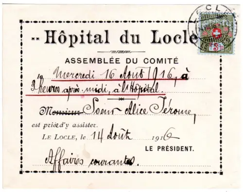 Schweiz 1916, 5 C. Portofreiheit (180) auf Vordruckkarte v. Locle