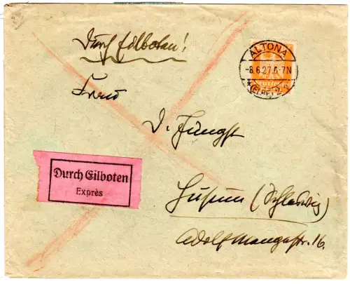 DR 1927, EF 50 Pf. auf portorichtigem Eilboten Brief v. Altona n. Husum