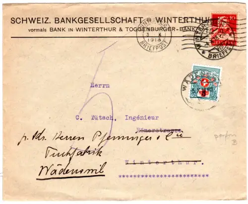 Schweiz 1918, 10 C. Tell m. perfin auf Brief v. Winterthur m. 5 C. Portomarke