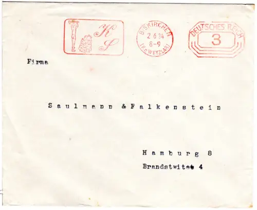 DR 1934, 3 Pf. AFSt. K S (Karlssprudel) auf Brief v. Biskirchen (Kr. Wetzlar)