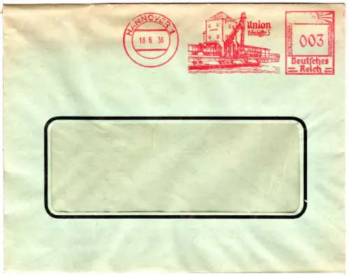 DR 1936, 3 Pf. AFSt. Union m. Abb. Eisenbahn u. Lagerhaus auf Brief v. Hannover