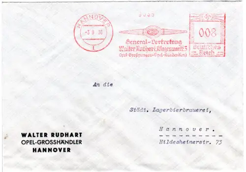 DR 1936, 8 Pf. AFSt. OPEL Großhändler auf Brief v. Hannover