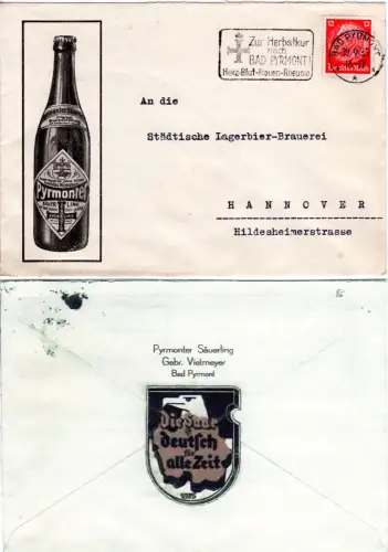 DR 1935, 12 Pf. auf illustriertem Brief v. Bad Pyrmont m. rs. Propagandvignette