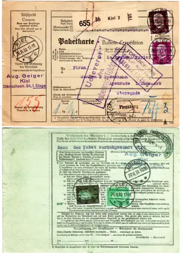 DR 1930, 4 Marken vorder- u. rs. auf Paketkarte v. Kiel m. dän. Flensburg-Stpl.