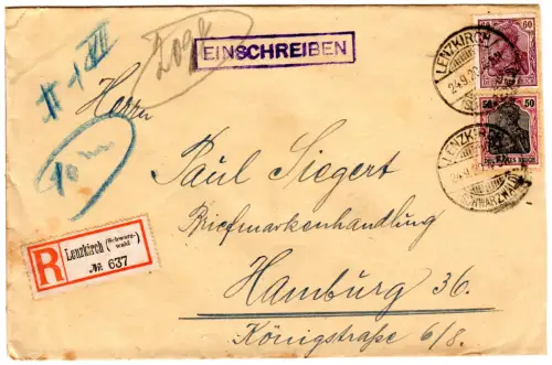 DR 1920, 50+60 Pf. Germania auf Einschreiben Brief v. Lenzkirch (Schwarzwald)
