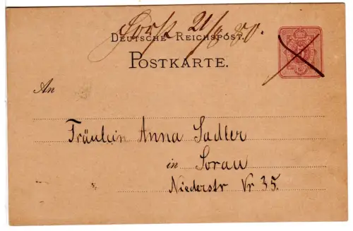 DR 1880, 5 Pf. Ganzsache m. hds. Entwertung Forst 21/8 80.