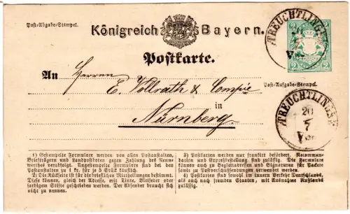 Bayern 1875, K1 Treuchtlingen auf 2 Kr. Ganzsache n. Nürnberg.