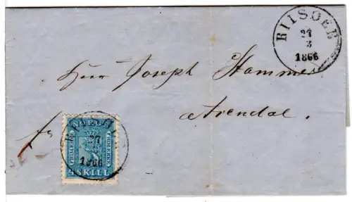 Norwegen 1866, 4 Sk. auf schönem kl. Brief v. Riisoer n. Arendal.
