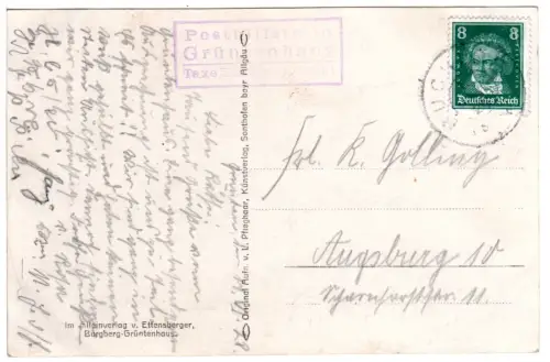 DR 1928, Posthilfstelle Grüntenhaus Taxe Burgberg (Schwb.) auf AK m. 8 Pf