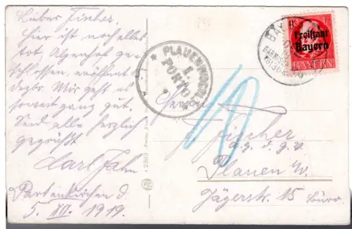 Bayern 1919, 10 Pf. auf AK m. Bahnpost Garmisch-Mchn ZG1364 u. K1 Plauen Porto