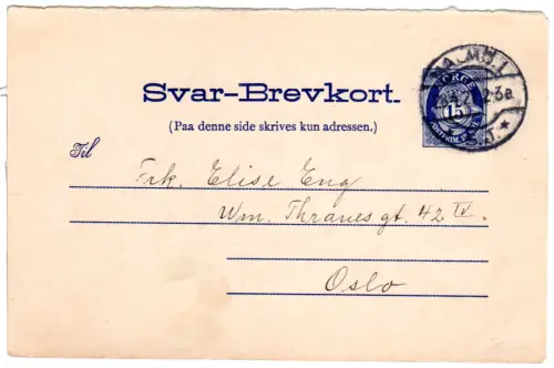 Norwegen 1927, 15 öre Ganzsache Antwortteil v. Malmö Schweden zurück n. Oslo