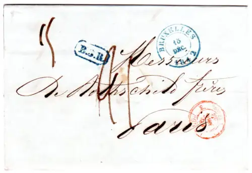 Belgien 1842, blauer K2 Bruxelles u. R1 B.3.R. auf Porto Brief n. Frankreich