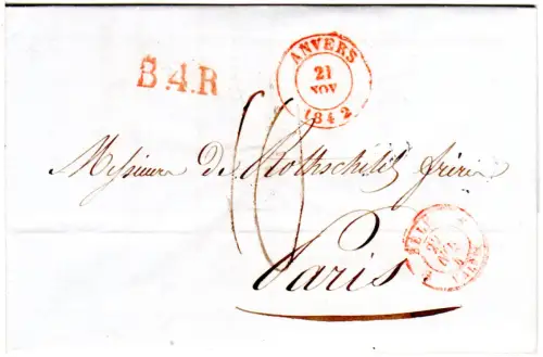 Belgien 1842, roter K2 Bruxelles u. L1 B.4.R. auf Porto Brief n. Frankreich