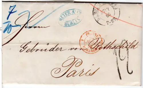 Preussen 1866, Brief v Berlin m. Frankreich Portostempel "12" f. 2. Gewichtstufe