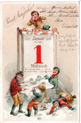 Prosit Neujahr! 1. Januar 1902, sauber gebr. Glückwunsch Präge-AK