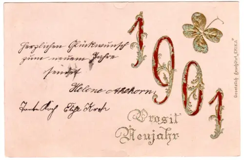 Prosit Neujahr 1901 mit Kleerblatt u. Golddruck, sauber gebr. Präge-AK