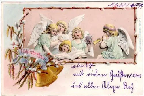 Fröhliche Ostern m. Engel u. Glocken, sauber 1899  v. Alsfeld gebr. Farb-AK