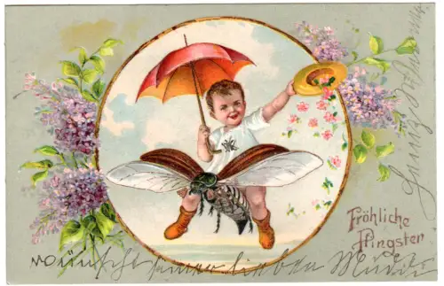 Fröhliche Pfinsten m. auf Maikäfer fliegendem Kind, sauber 1906 gebr. Präge-AK