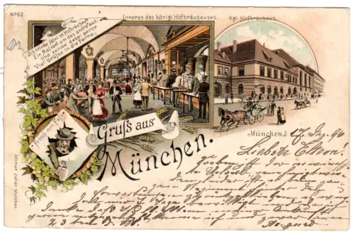 Gruss aus München, Kgl. Hofbräuhaus m. Trinkbetrieb, 1896 gebr. Litho-AK
