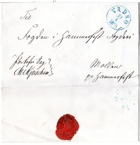 Norwegen 1858, blauer K1 Vadsö klar auf Polar Brief n. Mollen pr. Hammerfest