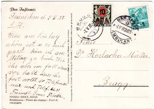 Schweiz 1938, 10/30 C. Portomarke auf Bahnpost Karte m. 5 C. v. Gränichen 