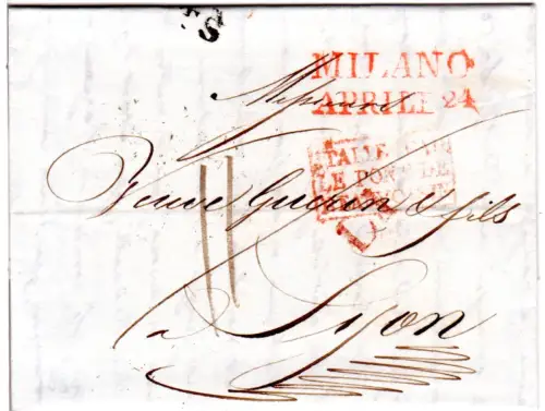 Italien Lombardei 1834, roter L2 Milano auf Porto Brief n. Lyon m. div. Stempeln