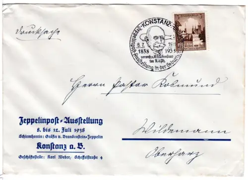 DR 1938, 3 Pf. auf offiz. Umschlag Zeppelinpost-Ausstellung m. SST v. Konstanz