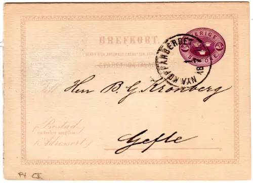 Schweden P4 C II F, gebr. 6 öre Ganzsache-Frageteil m. K1 Nya Kopparberget