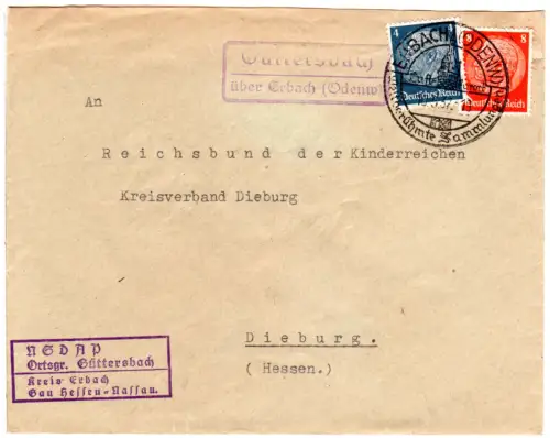 DR 1937, Landpoststpl. GÜTTERSBACH über Erbach auf NSDAP Brief m. 4+8 Pf.