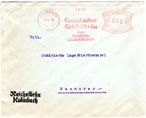 DR 1936, 12 Pf. AFSt. Kulmbacher Reichelbräu auf Brief n. Hannover