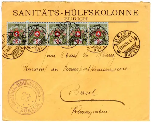 Schweiz 1911, 5x2 C. Portofreiheit (142) auf Brief v. Zürich
