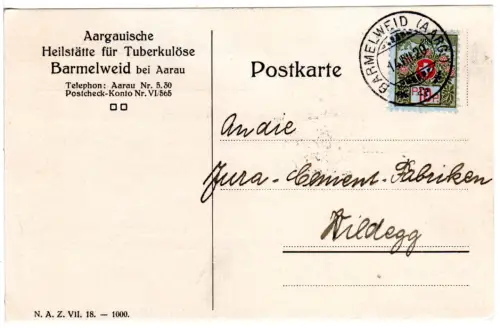 Schweiz 1920, 10 C. Portofreiheit (289) auf Vordruckkarte v. Barmelweid (Aargau)