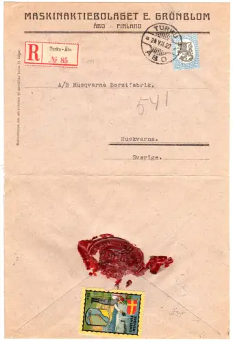 Finnland 1922, 3 Mk. u rs. Vignette auf Einschreiben Brief v. Turku n. Schweden