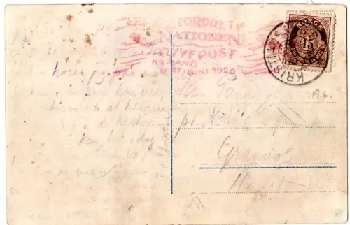 Norwegen 1920, Nationen Flyvepost KR-SAND-KRA, Luftpostkarte m. 15 öre