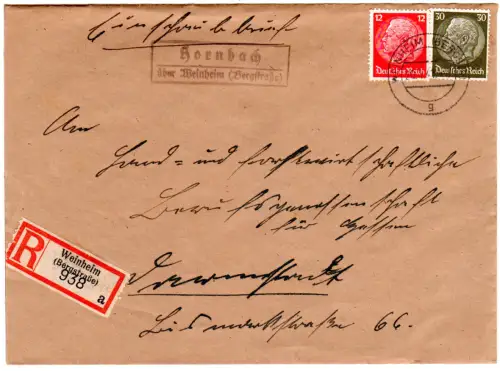 DR 1941, Landpoststpl. HORNBACH über Weinheim auf Einschreiben Brief m. 12+30 Pf