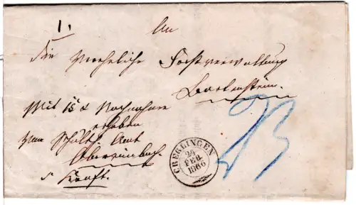 Württemberg 1866, K2 Creglingen auf Nachnahme Brief n. Bartenstein