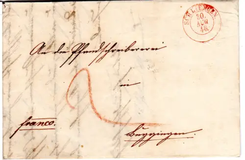 Baden 1848, roter K2 Schliengen auf Bahnpost Brief v. Kaltenherberg n. Buggingen