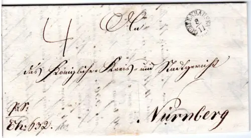 Bayern 1842, Fingerhutstpl. Gunzenhausen auf 3 Kr. Stempelpapier Brief 