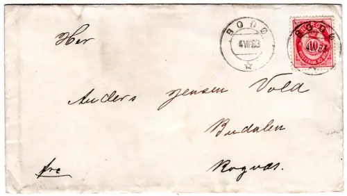 Norwgen 1883, 10 Öre auf sauberem Brief v. Bodö n. Budalen.