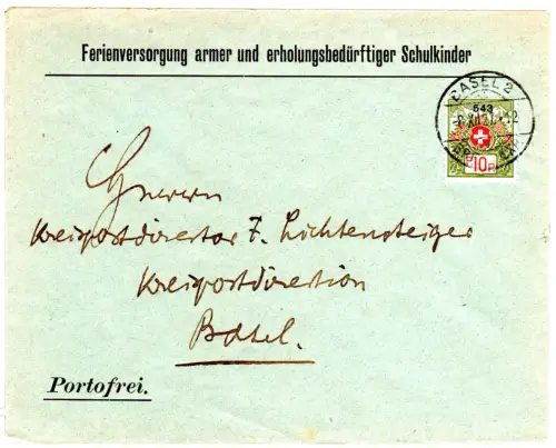 Schweiz 1927, 10 C. Portofreiheit (543) auf Orts-Brief v. Basel 2