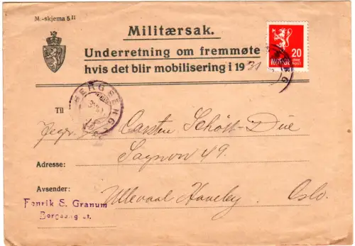 Norwegen 1930, 20 öre auf Militaersak Vordruck Brief v. Bergseng