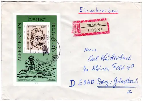 DDR 1979, Block Albert Einstein auf Einschreiben Brief v. Leipzig