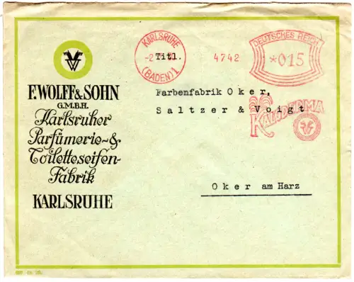DR 1930, 15 Pf. AFSt. Kaloderma auf Brief v. Karlsruhe