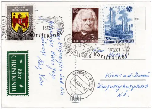 Österreich 1961, Christkindl, Karte m. 3 Marken u. grünem Christkindl Etikett 