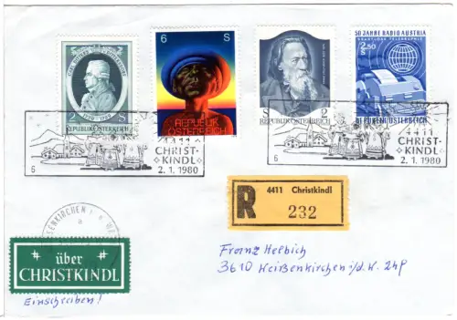 Österreich 1980, Christkindl, Einschreiben-Brief m. 4 Marken u. grünem Etikett